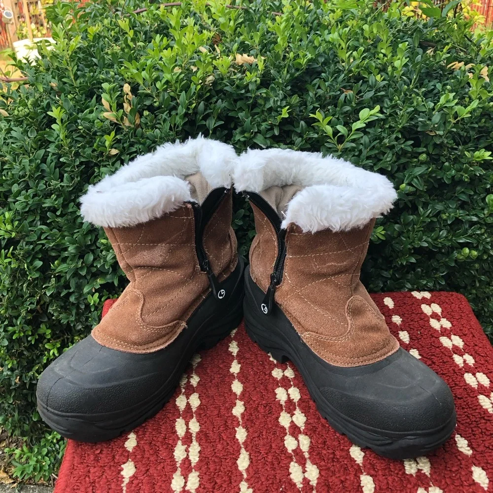 Champion THERMOLITE BROWN LEATHER SUEDE FAUX FUR ACCENT ZIPPER SNOW BOOTS SIZE 8